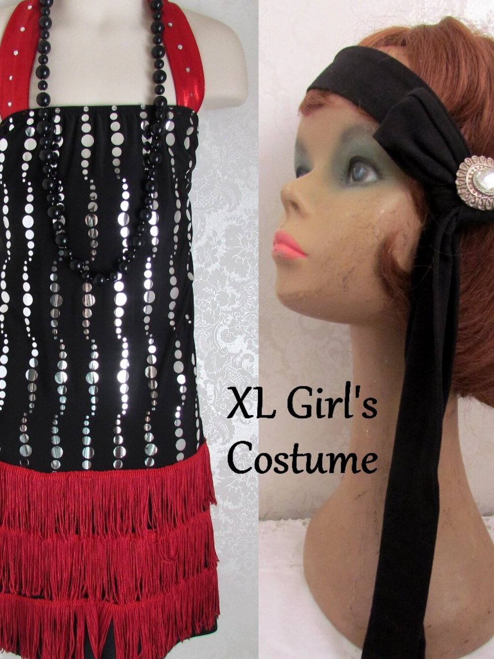 GIRL'S COSTUME, ROARING 20s FLAPPER WEISSMAN BLACK w RED FRINGE; HALLOWEEN PARTY
